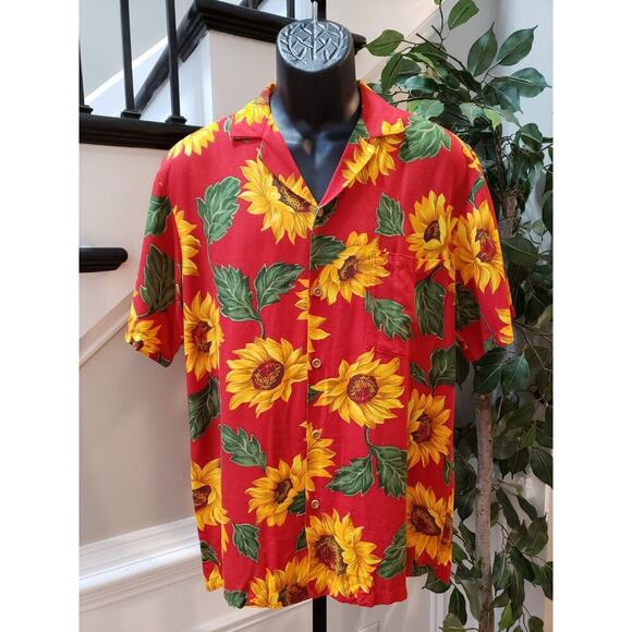 Paradise Found Men's Red Sunflower Collared Short Sleeve Button Down Shirt Large - Picture 8 of 8
